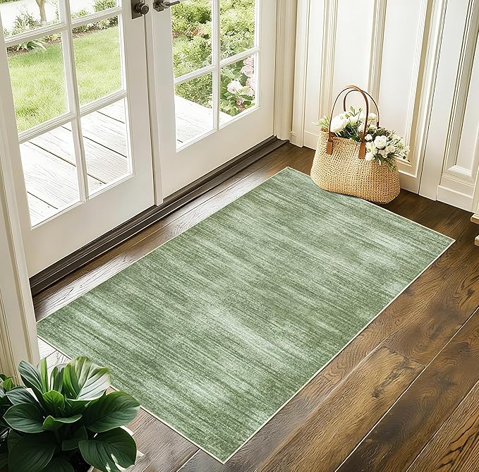 Hunter Green Modern Rug for Bedroom Non Slip Washable 3 x 5 Area Rug for Kitchen Entryway Minimalist Abstract Style Low Pile Floor Carpet Olive Green 3x5