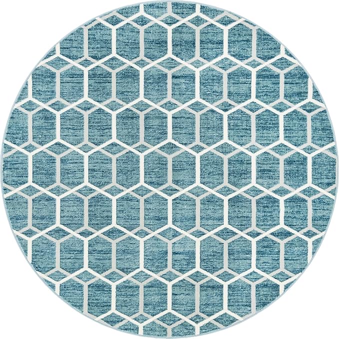 Rugs.com Lattice Trellis Collection Rug – 8 Ft Round Blue Low-Pile Rug Perfect for Kitchens, Dining Rooms