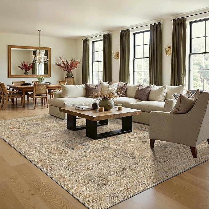 Bavni Washable Rug 5x7 Area Rug for Living Room Bedroom Dining, Washable Vintage Print Carpet, Ultra-Thin Chenille Low Pile Lightweight Rug with Non Slip Backing, Wood