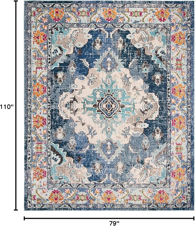 SAFAVIEH Monaco Collection Area Rug - 6'7" x 9'2", Navy & Light Blue, Boho Chic Medallion Distressed Design, Non-Shedding & Easy Care, Ideal for High Traffic Areas in Living Room, Bedroom (MNC243N)