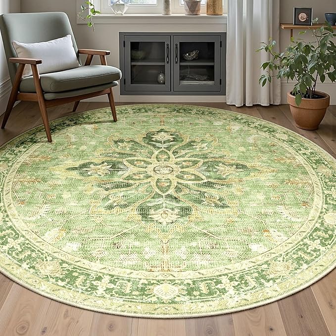 Area Rugs 5ft Washable Non-Slip, Floral Vintage Distress Print Pattern Medallion Carpet for Living Room Bedroom Dining Room, Sage Green Yellow