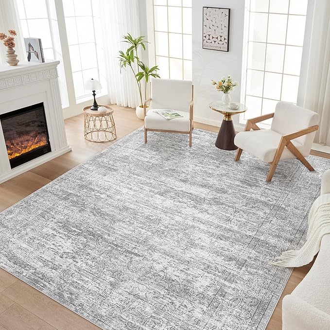 Area Rug Living Room Rugs - 6x9 Abstract Large Soft Indoor Washable Rug Neutral Modern Low Pile Carpet for Bedroom Dining Room Farmhouse Home Office - Vintage Grey