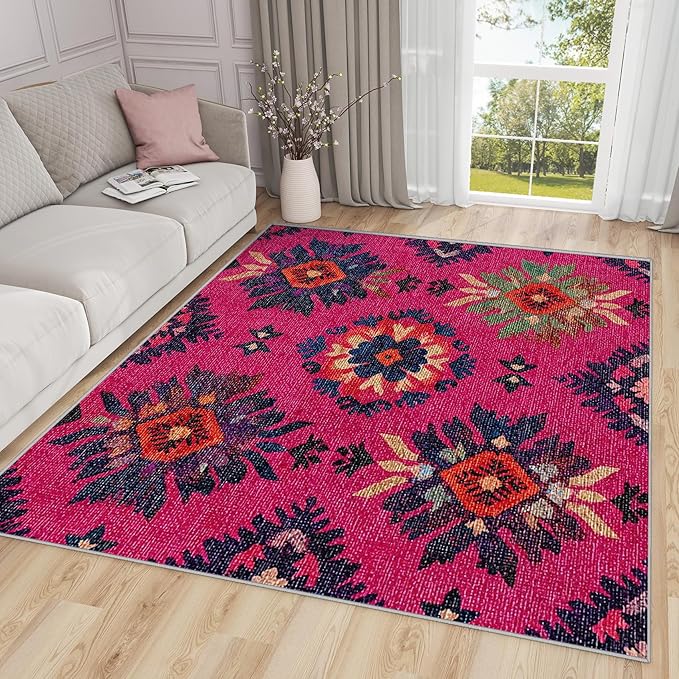 Southwestern Large Rug - 7x9 Area Rug - Ethnic Vintage Floral Medallion Rugs for Living Room Non Slip Low Pile Machine Washable Dining Room Rugs, Southwestern Carpet Home Decor & Gifts