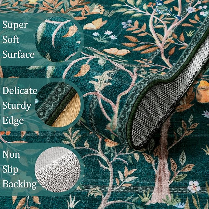 Morebes Boho Washable 5x7 Area Rugs, Dark Green Floral Rugs for Living Room Non Slip, Soft Botanical Indoor Floor Carpet for Kids Playroom Dining Room Bedroom Nursery Dorm