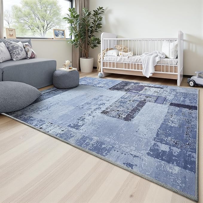 LOCHAS Rug for Living Room, Washable Soft Area Rugs for Bedroom 8x10, Abstract Carpet for Indoor Office Kids Dining Room Nursery Floor, Blue Geometric Vintage Home Decor, Non Slip, Pet Child Friendly