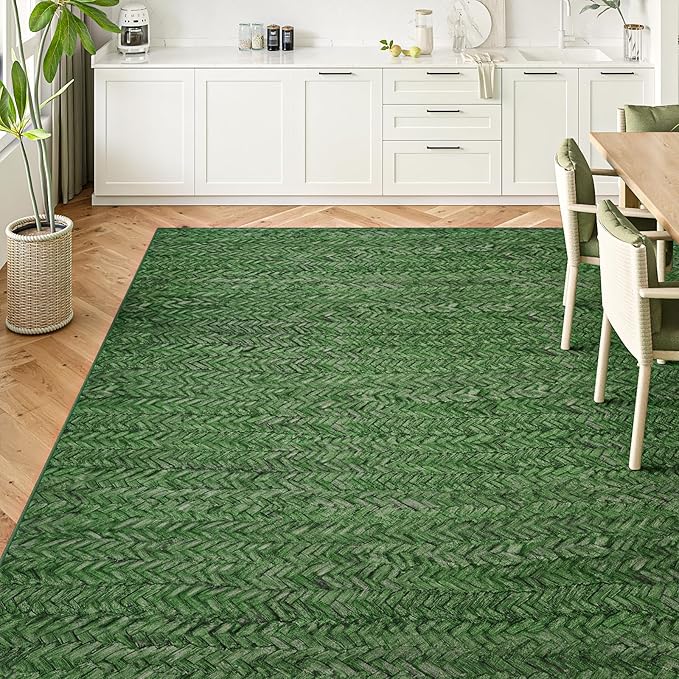 Eleisa Modern Vintage 9x12 Herringbone Chevron Area Rug, Non-Slip Stain Resistant Washable Rug, Green Large Rug for Living Room, Farmhouse Carpet for Bedroom, Kitchen, Dining Room, Home Office