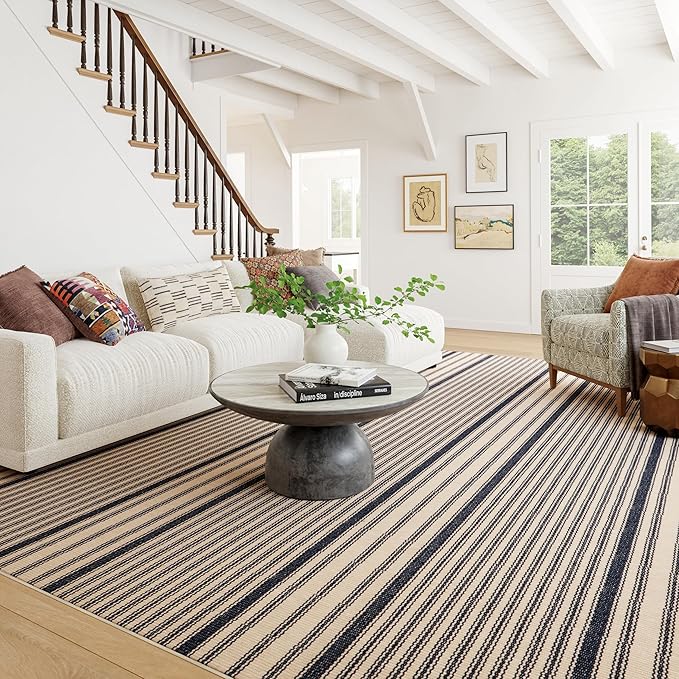 Dash & Albert Axiom Navy Machine Washable Rug, 2 X 3 Feet, Blue/Ivory Stripe Pattern