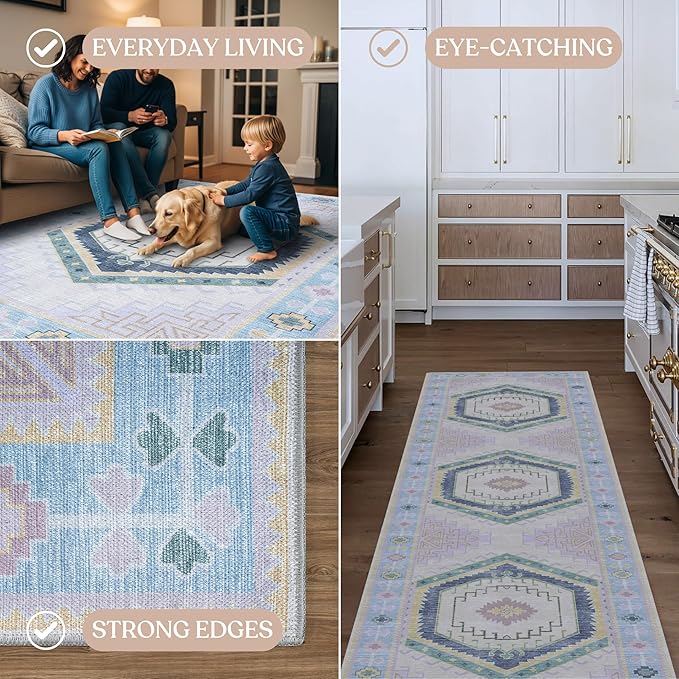 Fame Living Washable Area Rug. Modern Farmhouse. Vintage. Turkish. Bohemian. Distressed. Oriental. Traditional. Rugs for Living Room. Dining. Bedroom. Office. Entryway. Foyer. (856PBl, 2' x 3')