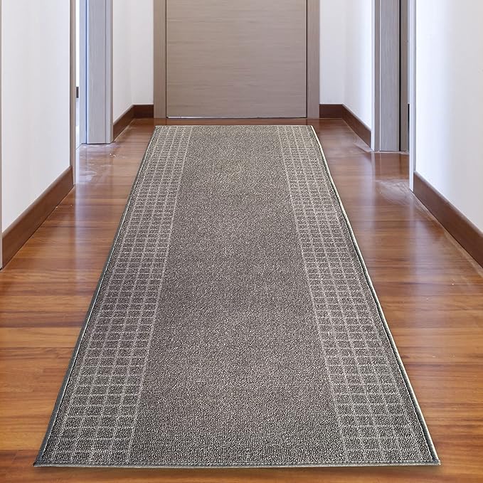 Custom Made Runner Rug for Kitchen Foyer Hallway Entry Choose Your Length 31 Inch Wide Geometric Checkered Design Grey Color (7 feet x 31 Inch)