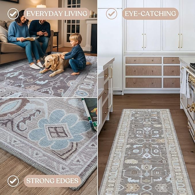 Fame Living Brown Oushak Rug, Modern Rugs, Vintage, Turkish, Eclectic, Floral, Pastel, Washable, Small Throw, Accent Area Rug for Living Room, Bedroom, Kitchen, Bathroom, 2'5"x4'9