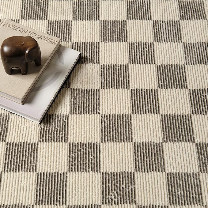 Revival Rugs Gambit 7'10"x10' Checkered Rug Washable Area Rug for Living Room Bedroom - 100% Recycled Oeko-TEX Certified, Medium Pile, Gray, Beige