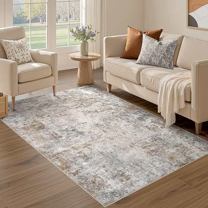 3x5 Area Rug Living Room Rugs - Washable Neutral Modern Abstract Soft Thin Rug Indoor Floor No Slip Rug Carpet for Bedroom Under Dining Table Home Office Decor - Brown Grey