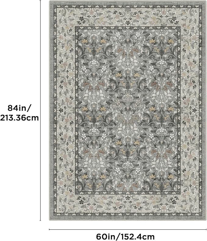 Bavni 5x7 Area Rugs for Living Room, Floral Rug Machine Washable Non Slip, Vintage Boho Forest Carpet, Soft Low Pile Thin Lightweight Rugs for Bedroom, Farmhouse, Dining Room Office, Mist Grey/Ivory