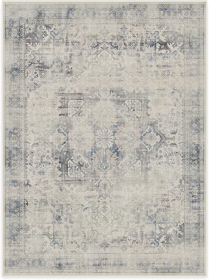 RUGGABLE Washable Vintage Area Rug – Kamran Blue Quartz 9x12, Stain-Resistant, Non-Slip – Large Machine Washable Rugs for Living Room, Bedroom, Hallway, Entryway & Office–with Cushioned Pad
