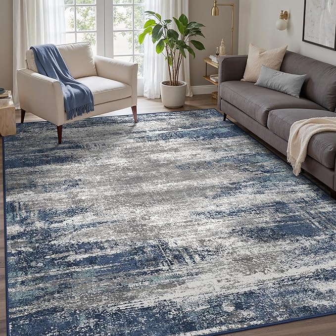 GENIMO 4x6 Area Rugs for Living Room, Non Slip Machine Washable Modern Indoor Rug, Low Pile Lightweight Blue Print Rug for Bedroom Dining Room Home Office, Blue Ivory