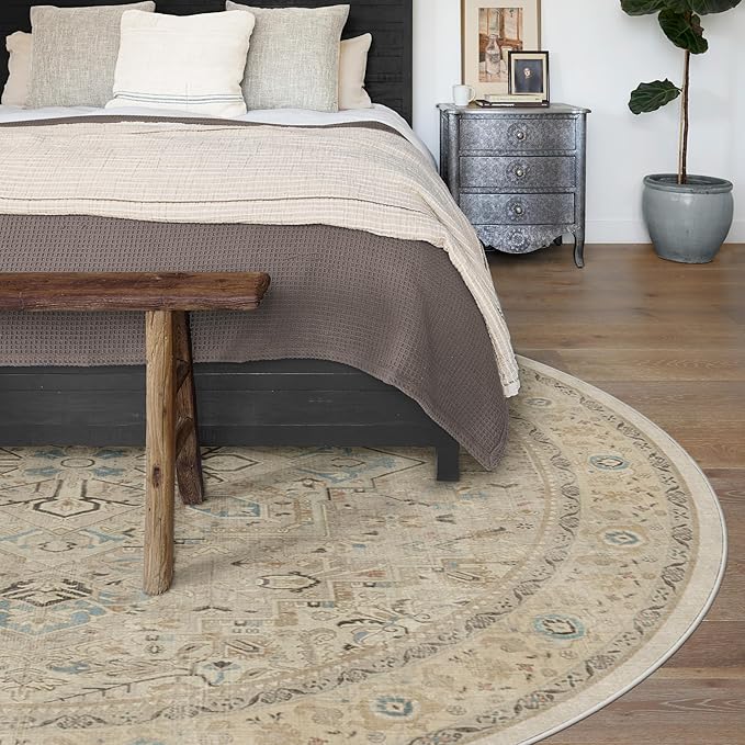 RUGGABLE Washable Vintage Area Rug – Kamran Ivory Opal 6 ft Round, Stain-Resistant, Non-Slip – Medium Machine Washable Rugs for Living Room, Bedroom, Hallway, Entryway & Office–with Standard Pad