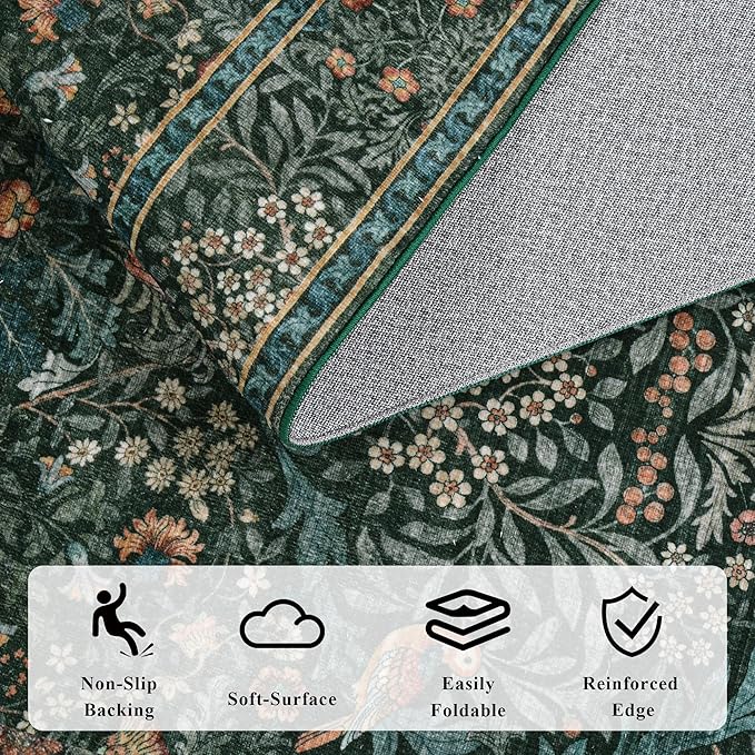 5x7 Floral Washable Area Rug for Living Room, Vintage Boho Rugs for Bedroom Dining Room, Botanical Birds Non Slip Low Pile Forest Throw Carpet for Farmhouse Office, Retro Green/Blue