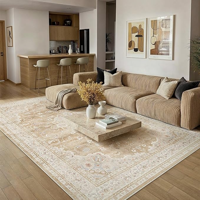 HUGEAR Machine Washable Area Rugs 6x9 Vintage Beige Brown Living Room Bedroom Rug Neutral Style Non Slip Stain Resistant Low Pile Throw Carpet for Home Retro Aesthetic Modern Decor