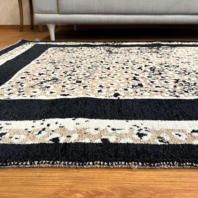 Alfa Rich 7x10 Leopard Beige Black Washable Area Rugs for Living Room Bedroom Reversible Cotton Rug