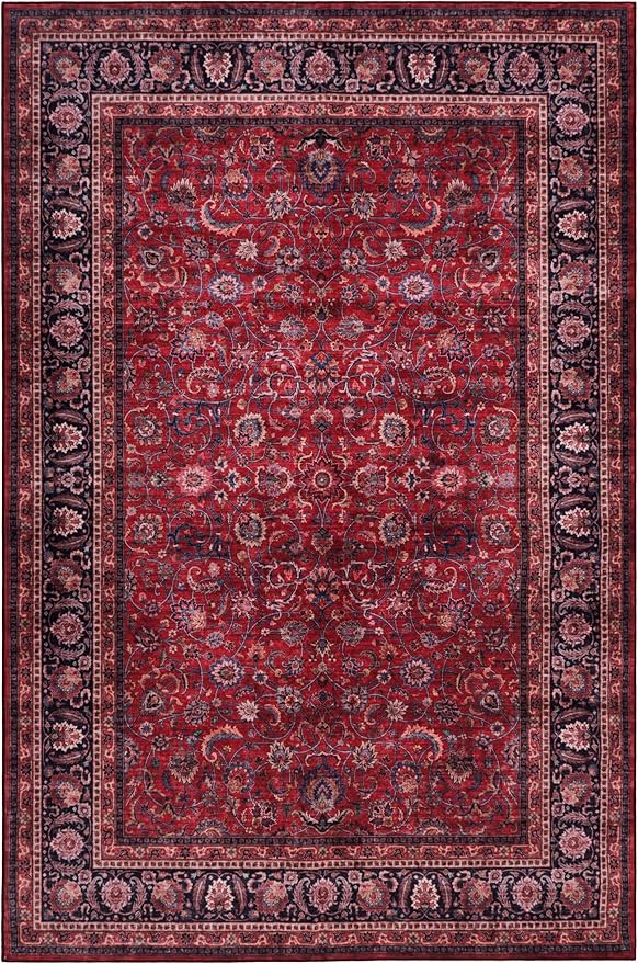 GLN Rugs Traditional Collection - Machine Washable Area Rug, Traditional Washable, Non Slip, Low Pile Chenille Rug, Living Room, Bedroom, Kitchen Rug (2' x 3' Dark Red)