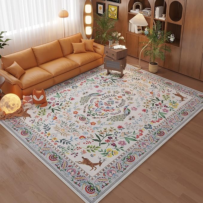 Rugcomf Living Room Rug 5x7 Rug Machine Washable Area Rug Floral Non-Slip Low Pile Large Rugs for Living Room, Bedroom, Farmhouse, Dining Room, Kids Playroom(Colorful)