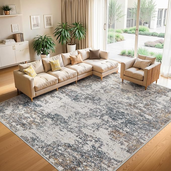 10x14 Washable Area Rugs - Modern Abstract Large Rugs for Living Room Non-Slip Low Pile Soft Machine Washable Carpet for Bedroom, Under Dining Table, Nursery, Farmhouse (10'x14' Tan Blue)
