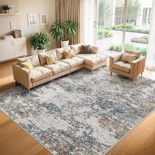 10x14 Washable Area Rugs - Modern Abstract Large Rugs for Living Room Non-Slip Low Pile Soft Machine Washable Carpet for Bedroom, Under Dining Table, Nursery, Farmhouse (10'x14' Tan Blue)