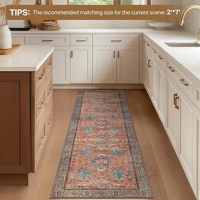 Bavni Runner Rug, Machine Washable Rugs for Bedroom 2x10, Non Slip Boho Rugs with Rubber Backing, Ultra-Thin Folable Rug Runner for Hallways Bathroom, Terracotta/Blue