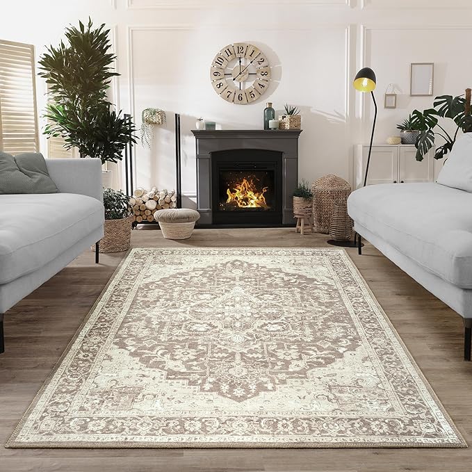 Bloom Rugs Washable Non-Slip 6' x 9' Rug - Light Brown Traditional Medallion Area Rug for Living Room, Bedroom, Dining Room, and Kitchen - Exact Size: 6' x 9'