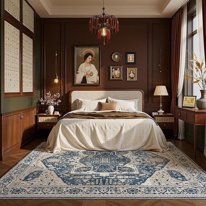 EnHomee 5x7 Area Rugs Washable for Bedroom, Boho Vintage Rugs, Foldable Area Rug for Dining Room, Non-Slip Soft Living Room Rug, Low Pile Large Carpet for Bathroom, Colorful Print, Blue and White