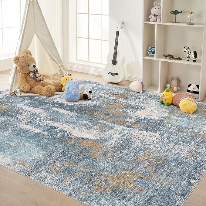 Area Rug Living Room Rugs - 8x10 Washable Large Soft Indoor Neutral Modern Abstract Low Pile Rug Carpet for Bedroom Dining Room Farmhouse Home Office - Blue Brown