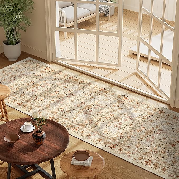 DOKINO 2x10 Runner Rug for Hallway, Vintage Washable Long Kitchen Rug with Low Pile Design, Floral Non Slip Soft Carpet Runner for Hallway, Kitchen, Bathroom, Bedroom, Beige