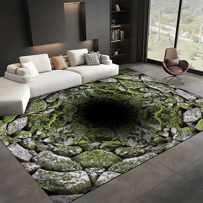 3D Hole Area Carpets, 5x6ft, Optical Illusion Design Pattern Floor Rugs, Realistic Abyss Perspective Effect Non-Shedding Playing Mat, Cozy Thin Breathable Durable Rug for Living Room