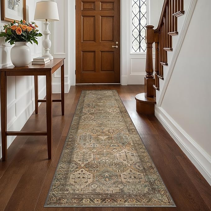 Bavni Runner Rug 2x12 Kitchen Rugs for Hallways Entryway, Washable Vintage Print Carpet, Ultra-Thin Chenille Low Pile Lightweight Rug with Non Slip Backing, Warm Taupe