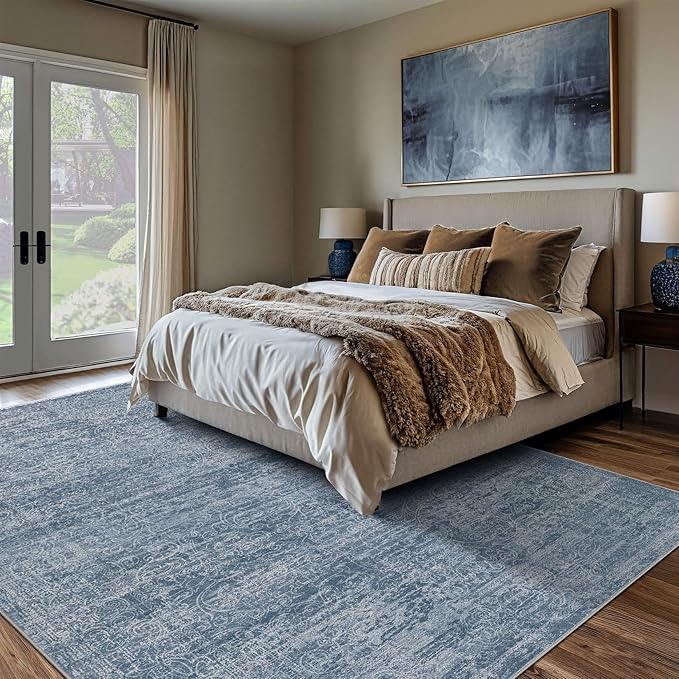 Area Rug Living Room Rugs - 10x12 Washable Large Soft Indoor Neutral Modern Abstract Low Pile Rug Carpet for Bedroom Dining Room Farmhouse Home Office - Dark Blue