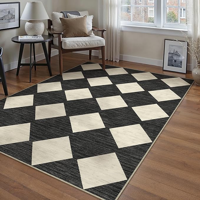 3x5 Checkered Area Rugs for Living Room Black Machine Washable Large Rug Non-Slip Stain Resistant Low Pile Boho Accent Indoor Throw Carpet for Office Bedroom Dining Room Classroom