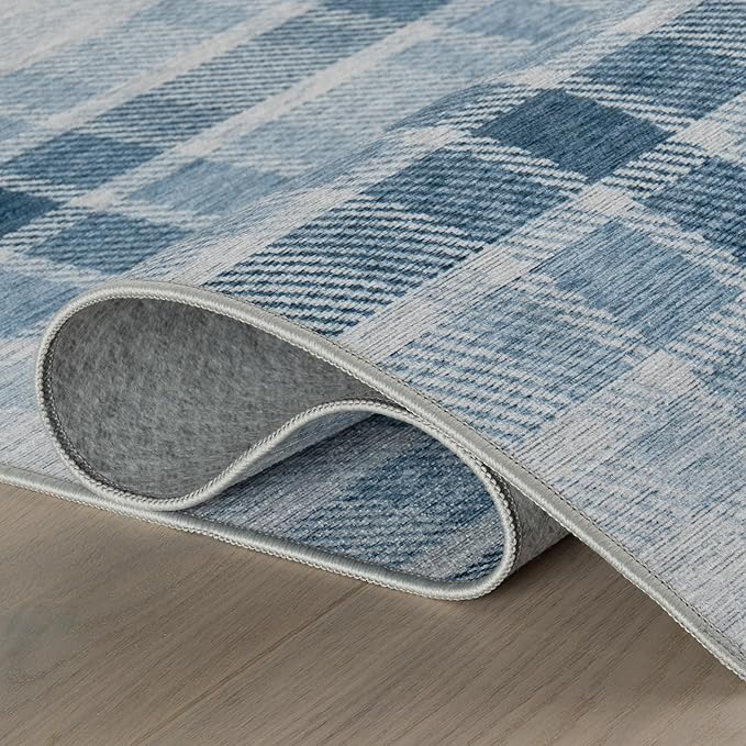 Dash & Albert Andri Plaid Blue Machine Washable Rug, 7.5 X 9.5 Feet, Blue/White Plaid Pattern