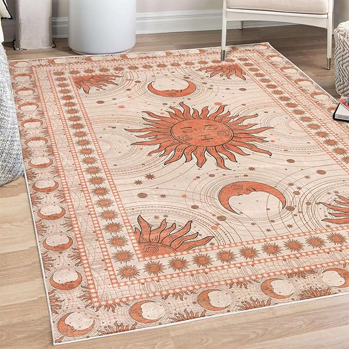 Ambesonne Sun and Moon Decorative Rug, Bohemian Artwork Design of Crescent Solar Ornament Esoteric Stars Ornaments, Quality Carpet for Bedroom Dorm and Living Room, 4' X 5' 5", Burnt Sienna