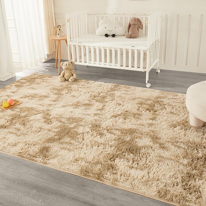 Andency Soft Area Rugs for Living Room Bedroom, 5x8 Fluffy Shaggy Bedside Rug, Non-Slip Large Shag Fuzzy Plush Carpets for Bedroom Kids Dorm Nursery Home Decor Aesthetic, Tie-Dyed Khaki