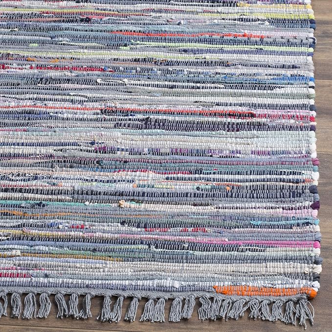 SAFAVIEH Rag Rug Collection Area Rug - 4' Square, Aqua & Multi, Handmade Boho Stripe Cotton, Ideal for High Traffic Areas in Living Room, Bedroom (RAR121K)