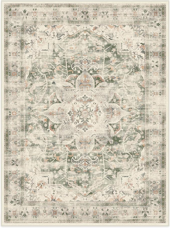 RUGGABLE Washable Vintage Area Rug – Sarrah Sage 9x12, Stain-Resistant, Non-Slip – Large Machine Washable Rugs for Living Room, Bedroom, Hallway, Entryway & Office–with Cushioned Pad
