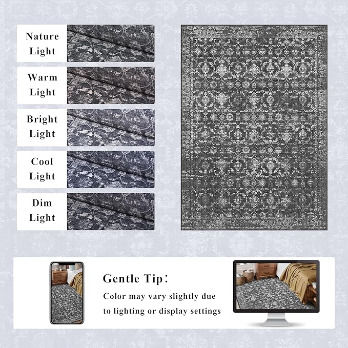 Washable Area Rug 5x7 Black Rugs for Living Room, Vintage Boho Large Rug for Bedroom Dining Room Office, Distressed Floral Print Carpet for Under Table, Soft Non Slip Low Pile Throw Carpet Indoor Mat