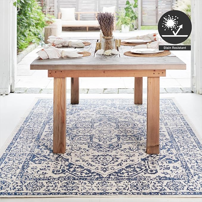 FH Home Flat Woven Outdoor Rug - Waterproof, Easy to Clean, Stain Resistant - Premium Polypropylene Yarn - Vintage - Patio, Deck, Porch,Balcony - Ankara - Distressed Blue - 3ft 11in x 5ft 6in