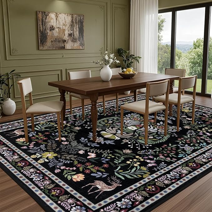 9x12 Area Rugs Living Room Rug: Vintage Washable Rug Floral Soft Carpet Indoor Floor Non-Slip Boho Stain Resistant Large Carpets for Bedroom Kids Nursery Dining Room Farmhouse Home Office Black