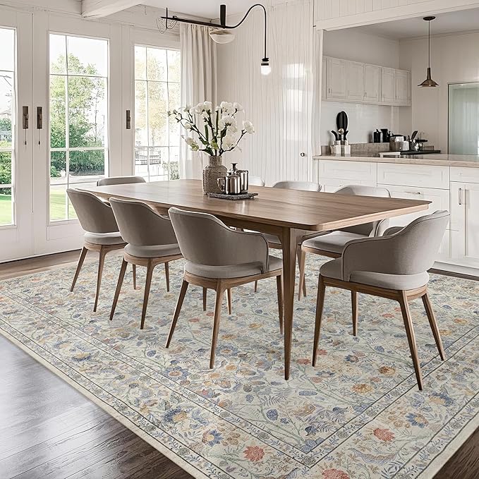 Washable Living Room Rug: 9x12 Boho Floral Soft Area Rug for Bedroom Decor - Vintage Low Pile Thin Carpet for Dining Room Non-Slip - Farmhouse Stain Resistant Rugs - Beige Blue