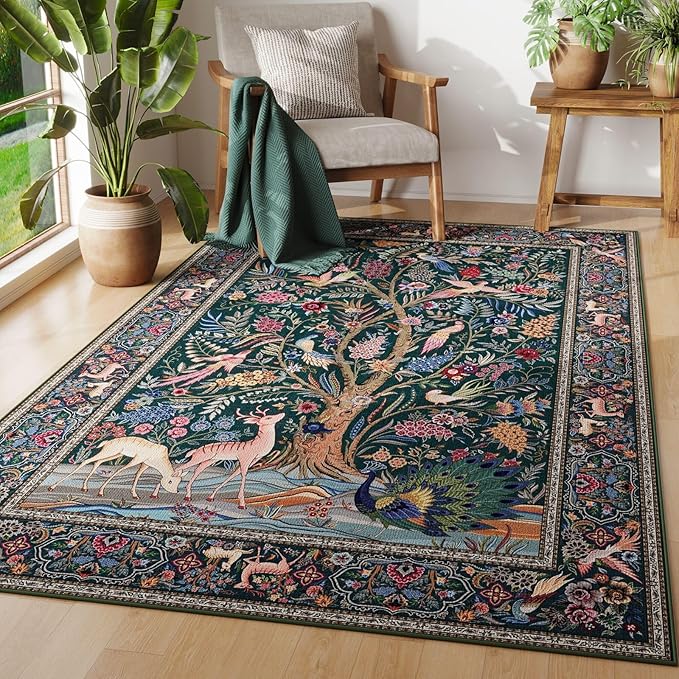 Rugcomf Area Rugs 4x6 Vibrant Tree of Life-Patterned Vintage Washable Rugs Non Slip Low Pile Small Carpet for Bedroom Bedside Kids Room Office Dining Room, Green