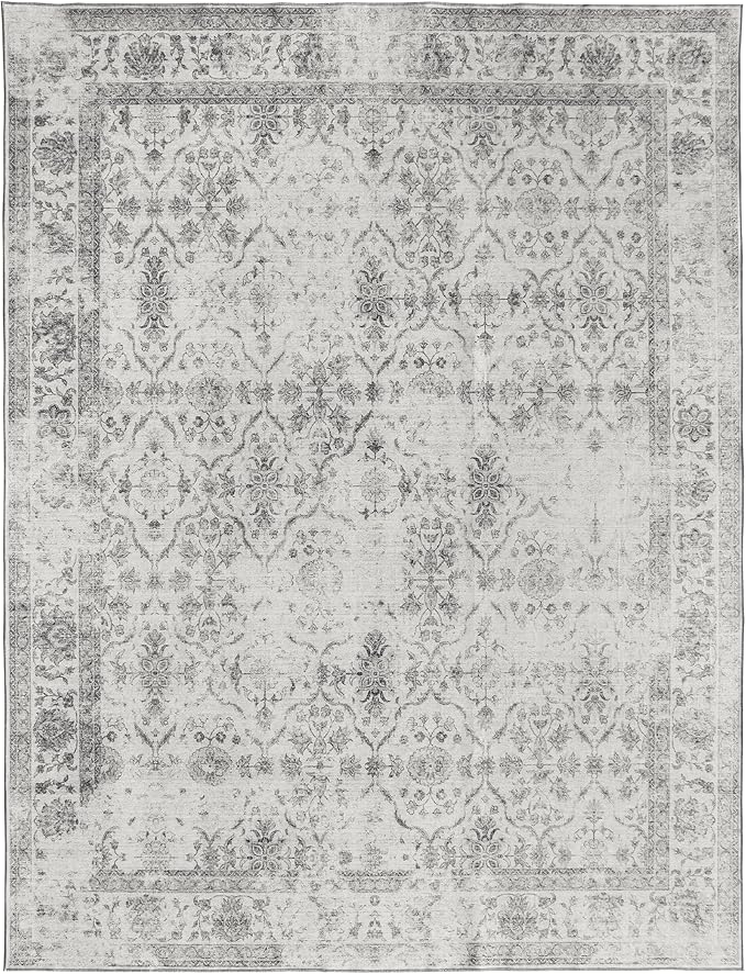 ReaLife Rugs Machine Washable Area Rug Runner - Living Room Bedroom Bathroom Kitchen Entryway Office - Padded Low Pile Stain Resistant Premium - Boho Farmhouse Vintage - Noor - Ivory Grey 3' x 5'