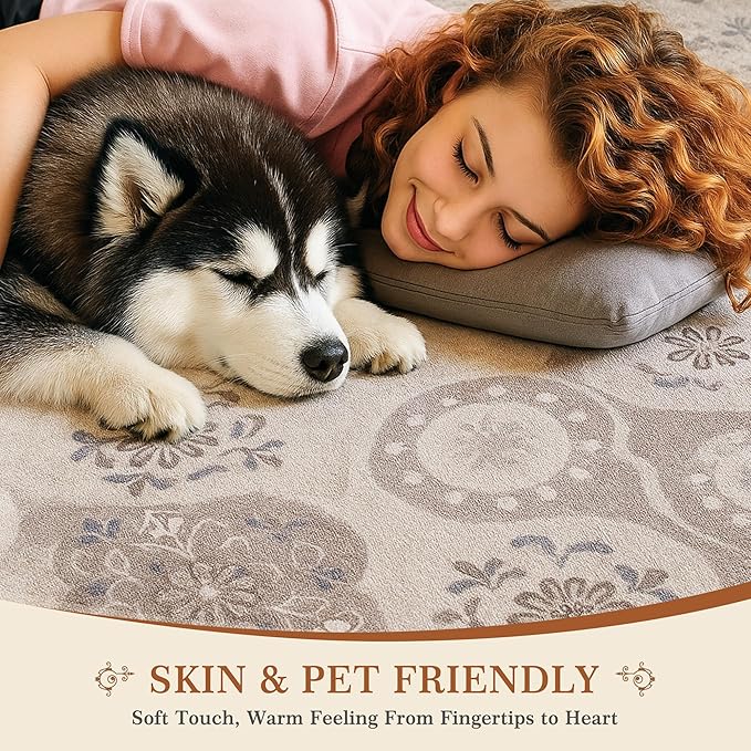 EnHomee Area Rugs 5x7, Soft Washable Rugs for Living Room Bedroom, Boho Non Slip Low Pile Stain Resistant Washable Rug Large Carpet for Dining Room,Easy to Clean Living Room Rug, Khaki