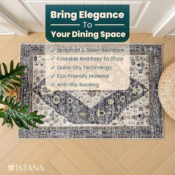 Istana Area Rug 2x4 - Dark Grey Blue & Rose Mauve 2x4 Washable Rug Non Slip - Pet Friendly Living Room Rug - Non Shedding Washable Rugs for Bedroom - Foldable Bathroom Rugs