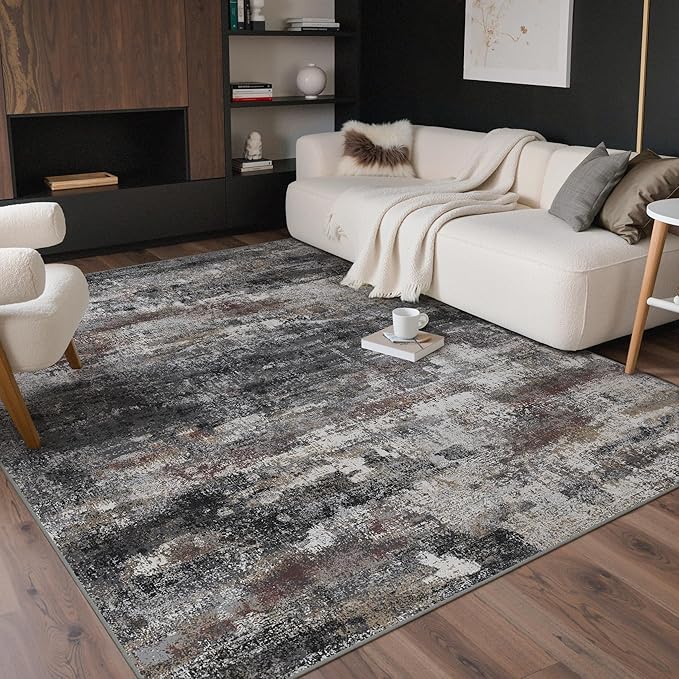 GENIMO No Crease Non Slip 6x9 Area Rugs for Living Room, Craft Woven Modern Abstract Rug, Soft Floor Carpet, Single-Piece Rugs for Bedroom, Dining Room, Office, Dark Gray Brown